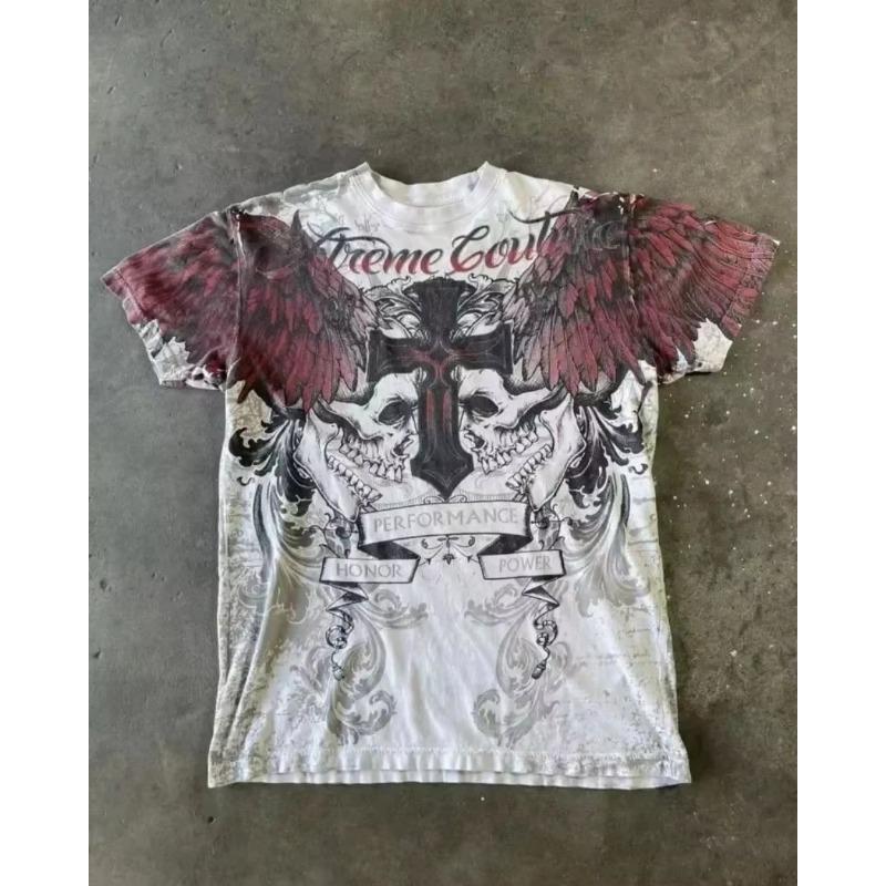 T-shirt d'été pour homme, mode européenne et américaine, respirant et confortable, col rond, imprimé aile et croix, haut d'extérieur
