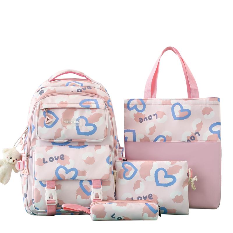 Women's Love Backpack Set Student Large Capacity School Bag Women's Four-Piece Backpack with Pen Bag