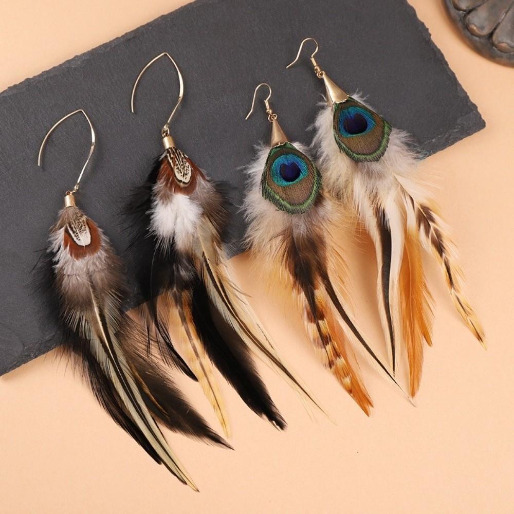 Hanging Long Tassel Feather Earrings Boho Peacock Tassel Earrings  Beach Vacation