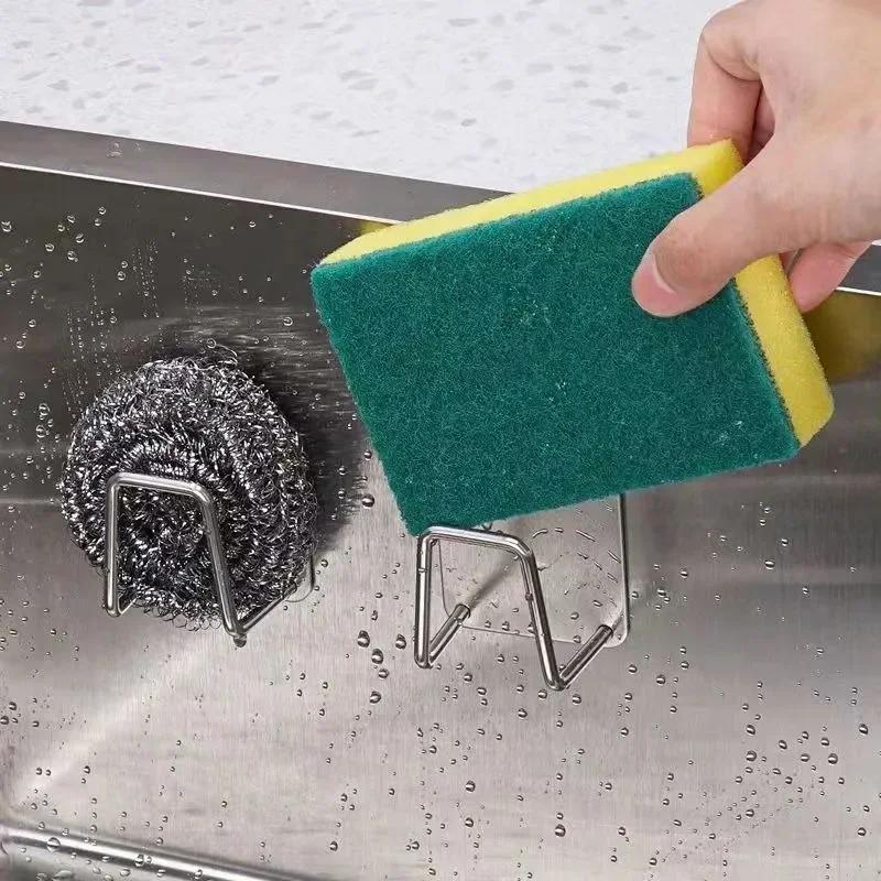 Kitchen Sponge Holder Self Adhesive Sink Rag Drain Drying Rack Wall Hooks Wire Ball Organizer Bathroom Storage Home Organizer