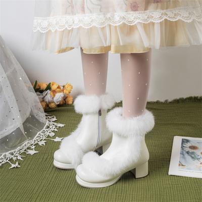 FOREADA Dames Kawaii Enkellaarsjes Ronde Neus Dikke Middelhoge Hak Rits Cosplay Lolita Korte Laarsjes Dames Modieuze Schoenen Winter Wit 46