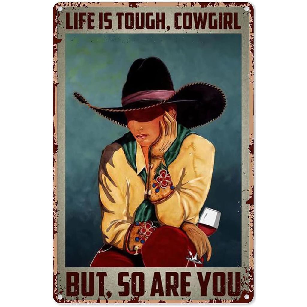 Vintage Cowgirl Metallschild Retro Westlich Reiten Zitat Blechschild für Heimbar Bauernhaus Dekoration Das Leben ist Hart Spirituell Wi