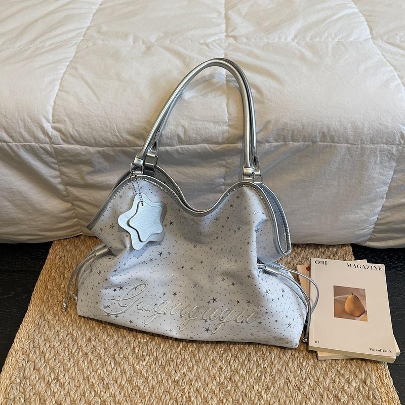 Star Print Tote Bag for Women Fashion Handbag with Star Charm Drawstring Detail