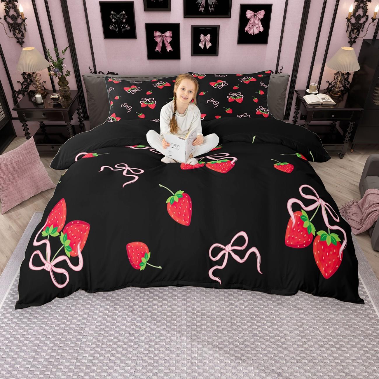 

Homewish Kawaii Cherry Strawberry Duvet Cover Set For Girls, Cute Pink Bow Quilt Cover Set, Tropical Fruit Theme Bedding Set UK C 120x150cm 2pcs&set