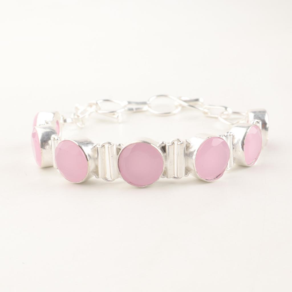 Beautiful Pink Rose Chalcedony Gemstone 925 Sterling Silver Jewelry Bracelet 9" RB-7-16