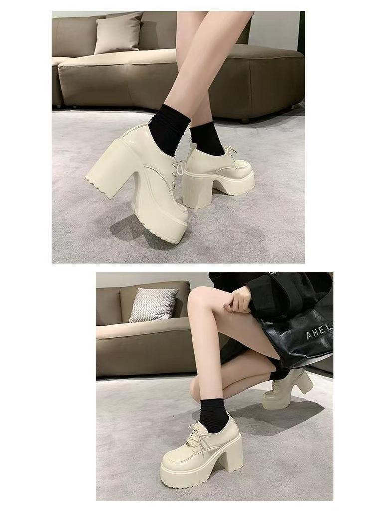 2025 Spring Women's Mary Jane High Heels: New Fashion Platform Chunky Lace-Up Leather Dress Shoes