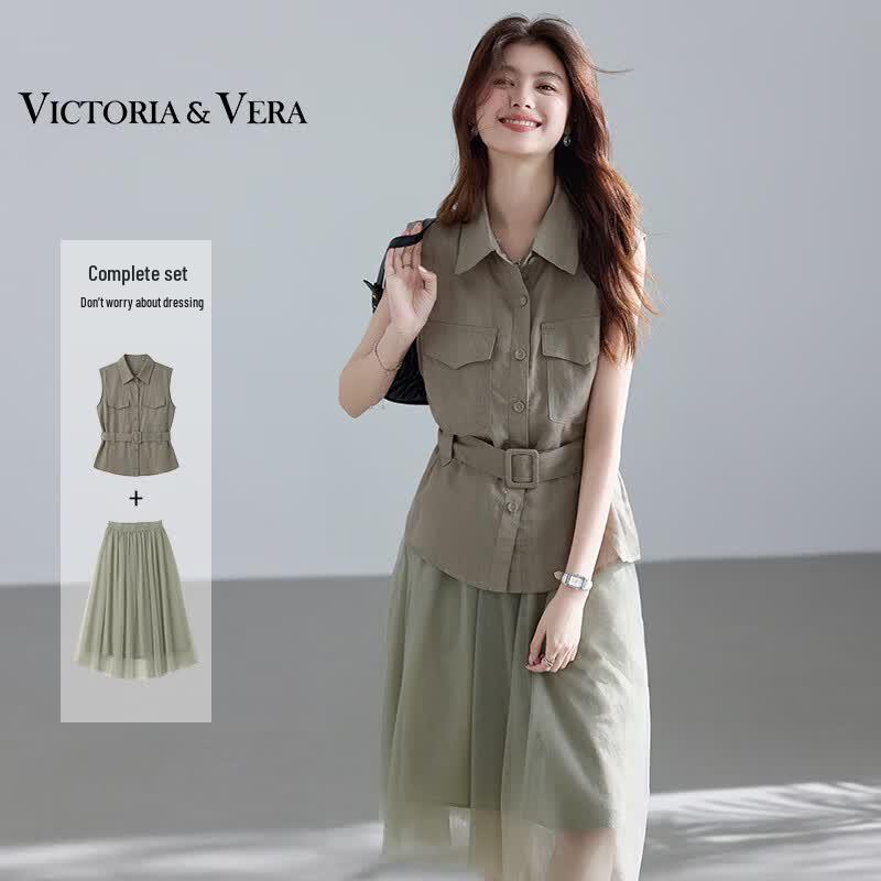 

VICTORIA&VERA Sleeveless Collared Shirt & Skirt Set S