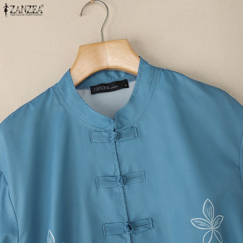 ZANZEA Women Casual Stand Collar Loose Long Sleeve Print Blouse