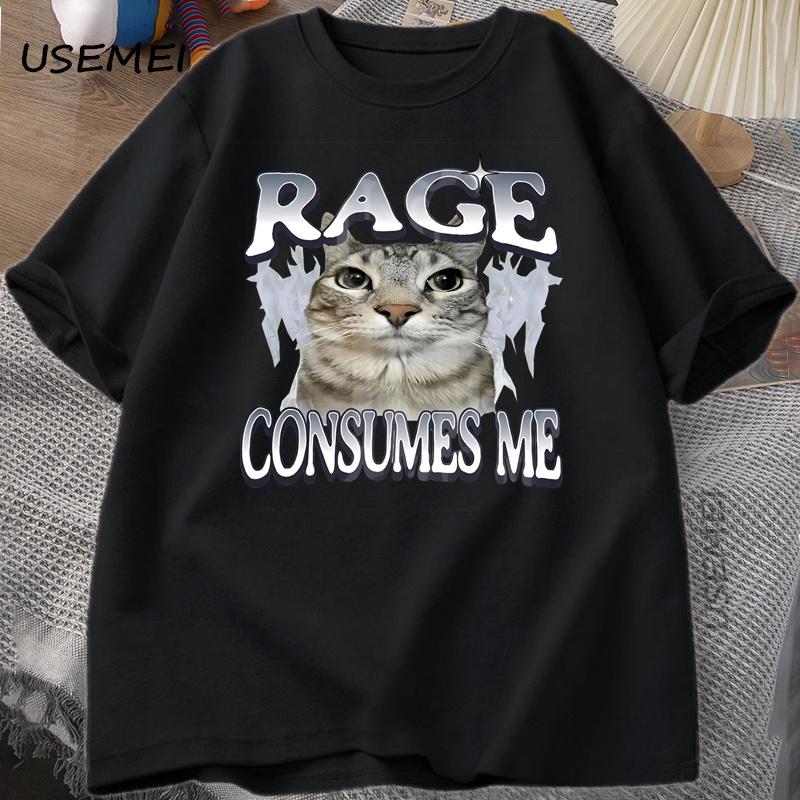 Rage Consumes Me Cat T Shirt Funny Cat Meme Printed TShirt Vintage Unhinged Silly Cat Graphic Tee Humor Cotton Short Sleeve Tee