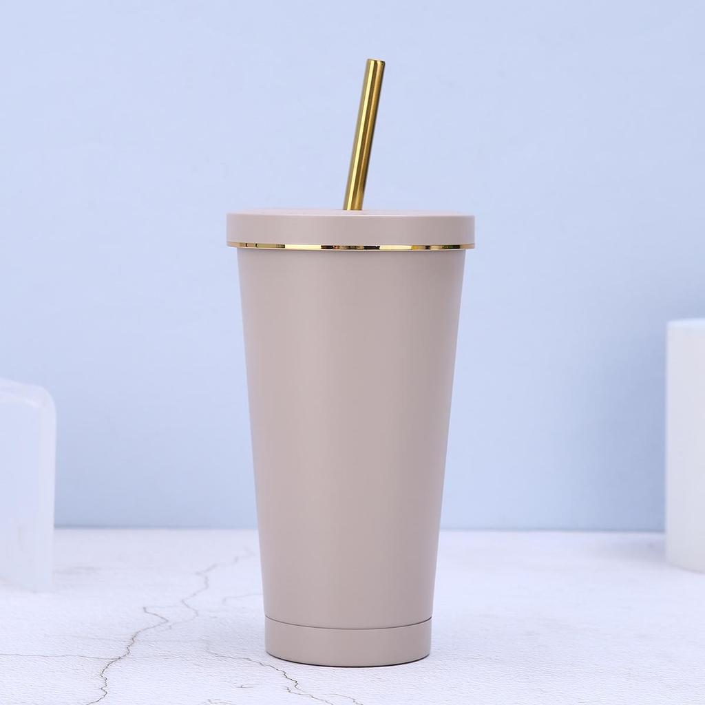 In Stock 304 Stainless Steel Straw Cup with Gold Rim - Portable Outdoor Thermos for Car Use
