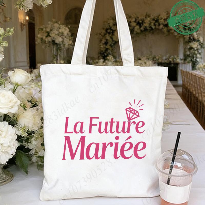 French Girl EVJF Future Bride Team Canvas Tote Bags Bachelorette Party Bridal Shower Shopping Bags with Diamond Ring Design