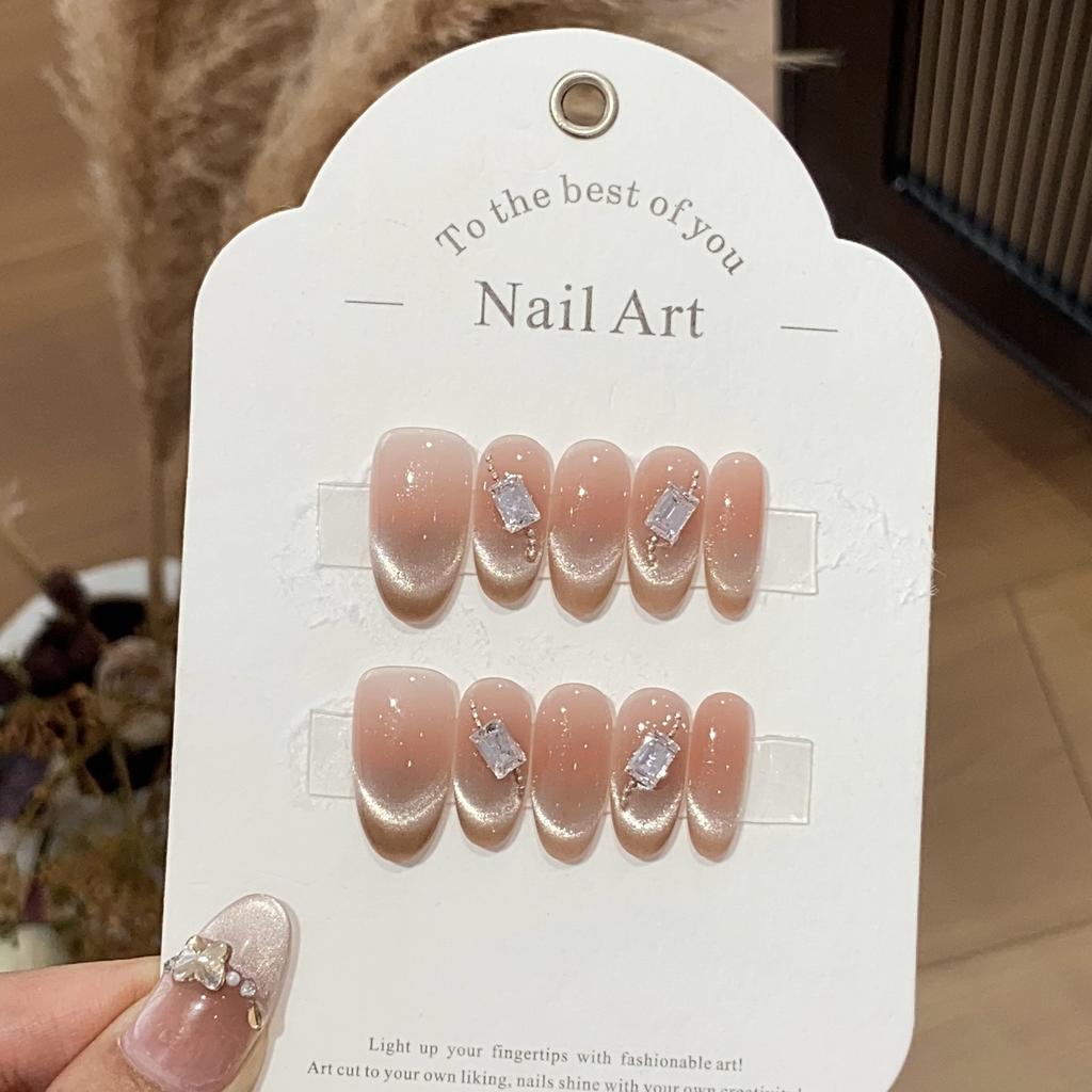 Ice-permeable Peach Powder French Cat Eye Rectangular Diamond Chain Bean Paste Milk Puff Paste Removable Nail Slices