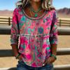 Top casual boho da donna con scollo a barca, cuciture traforate, stampa cachemire, manica 3/4, vestibilità ampia