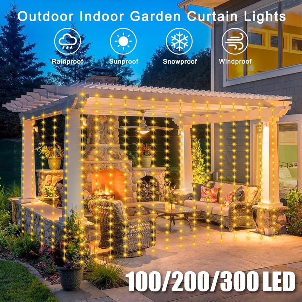 300 LED Solar Courtyard Curtain Lights Outdoor Waterproof Fairy String Lights With 8 Modes for Garden Window Bedroom Wedding