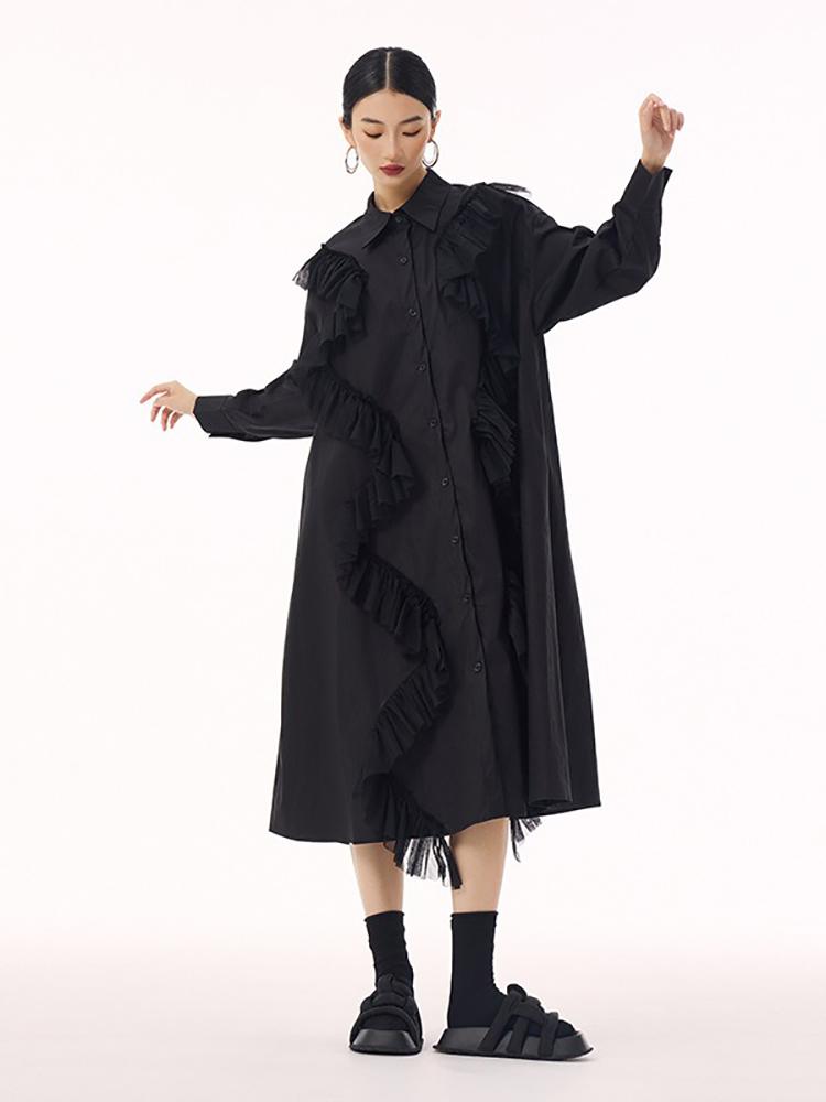 Xitao Patchwork Netz Einfarbig Einreiher Hemdkragen Kleid GMM1184