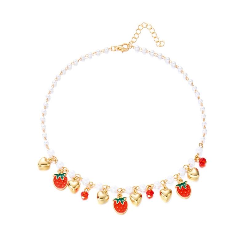 Adorable Cherry Strawberry Heart Necklace With Natural Margarite Accents Adjustable Chain For Casual Or Date Outfits Lightweight Zinc Alloy Jewelry
