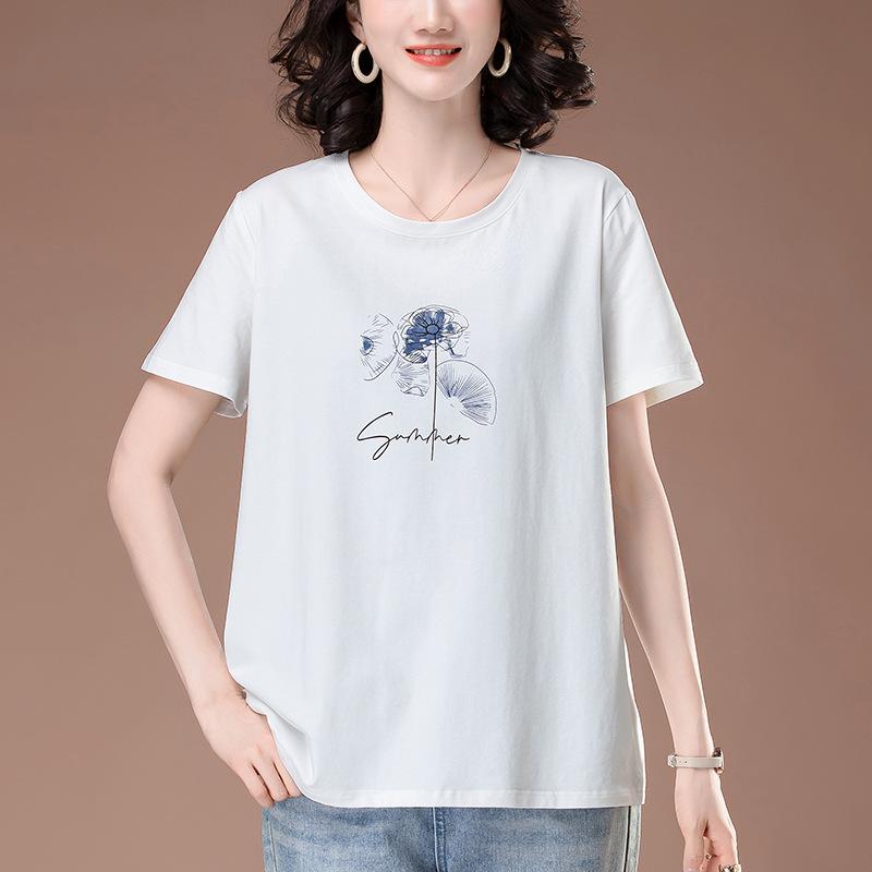 Women's Plus Size Short-Sleeve Cotton T-Shirt - Summer Printed Casual Loose Fit for Middle-Aged Moms