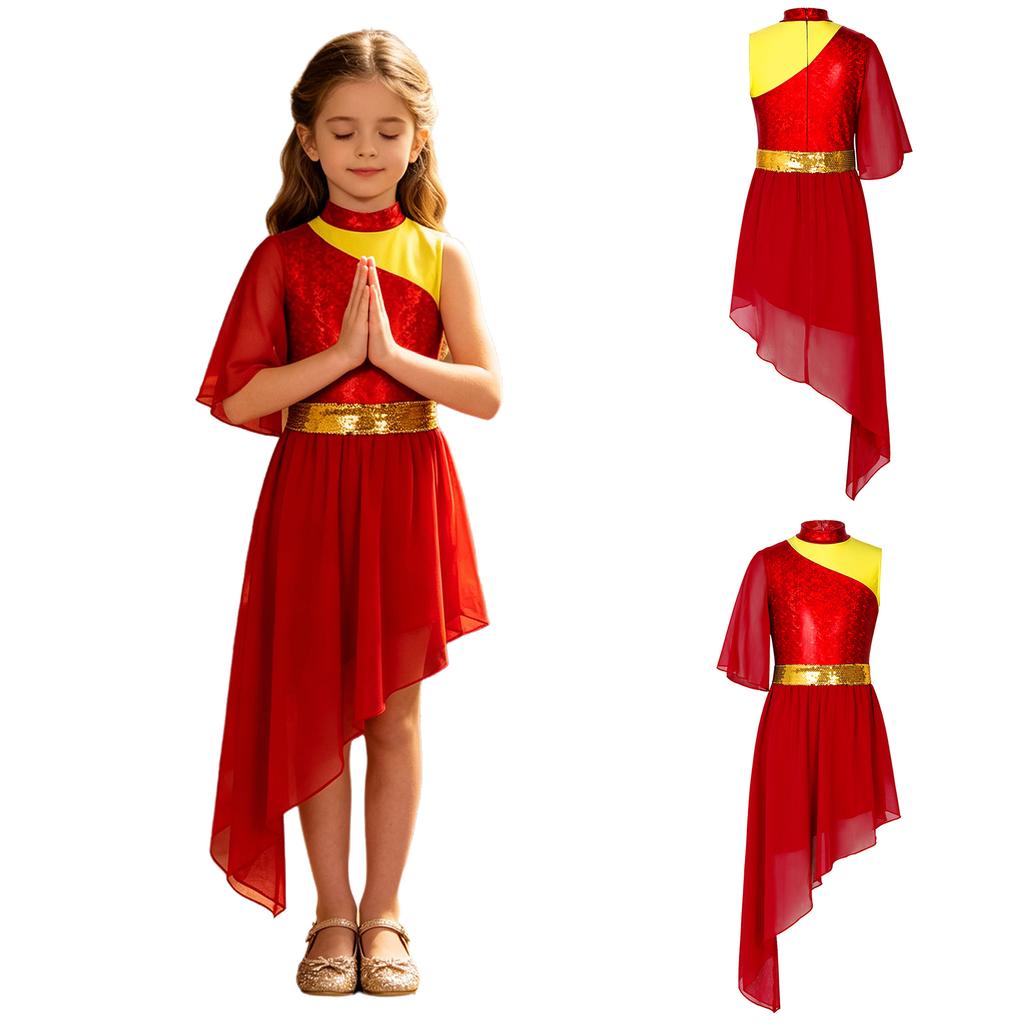 Kids Church Worship Dance Dress Metallic Bodice Asymmetrical Hem Sequin Belt Back Invisible Zipper for Praise Lyrical Stage Performance