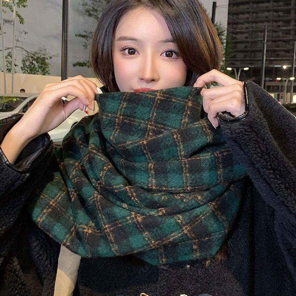 Tassel Winter Cashmere Scarves Plush Long Shawl Retro Plaid Wool Scarf  Autumn