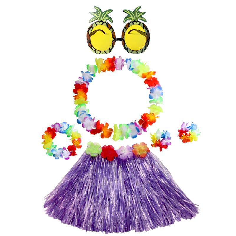 Hawaiian Tropical Party Combo 30CM Grass Skirt 4 Leis 6 Pineapple Glasses Decor