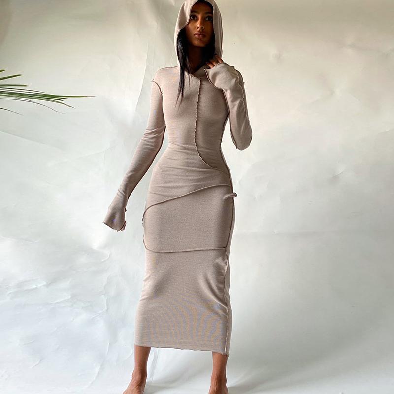 Uzun Kollu Kapşonlu Patchwork Sıska Maxi Elbise Sonbahar Kış Kadın Moda Sokak Şıklığı Rahat Kıyafetler