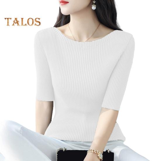 Women Tops Slim Fit Solid Color Ribbed T-Shirt Round Neck Half Sleeve Elastic Pullover Tops Daily Wear