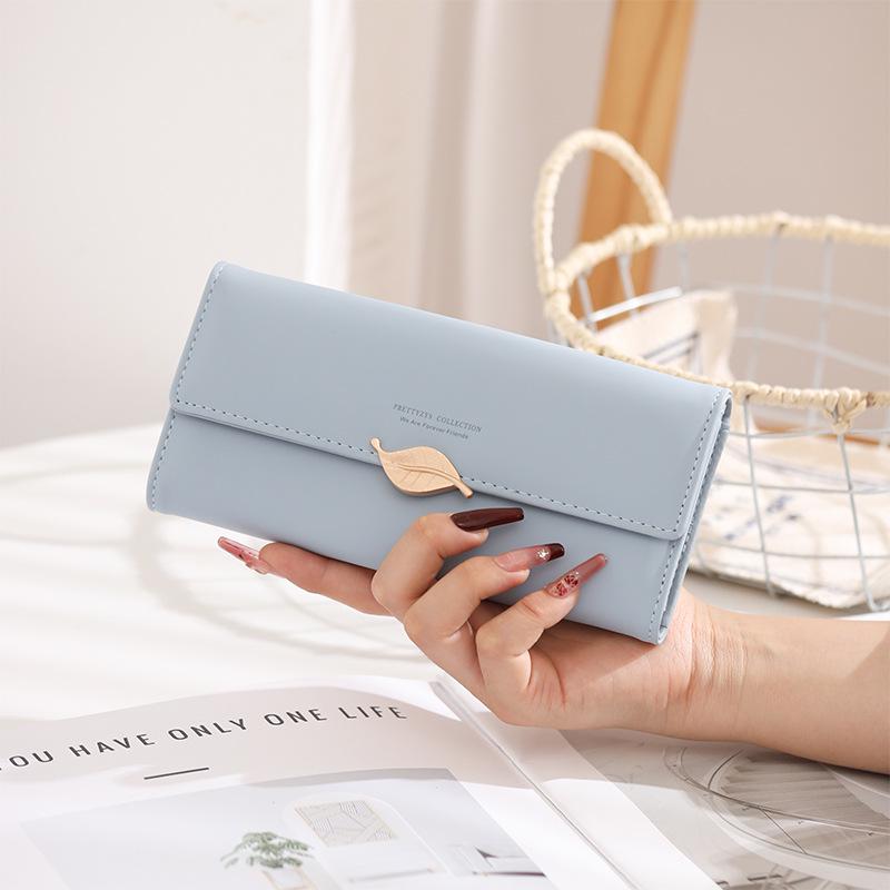 Women's Large Capacity PU Leather Long Wallet, Solid Color with Leaf Buckle – Japanese/Korean Style Clutch