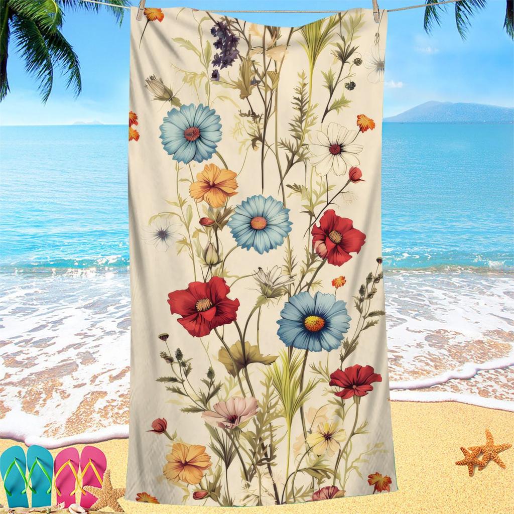 Creative Painted Flowers Digital-printed Polyester Superfine Fiber Double-sided Fleece Beach Vacation Bath Towel, Beach Towel