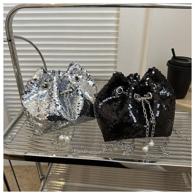 Chic Sequin Bucket Bag With Chain Strap 2023 Summer New Women's Street Style Shoulder Bag Crossbody Bag