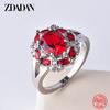 925 Sterling Silver Flower Red Zircon Rings for Women Fashion Wedding Jewelry