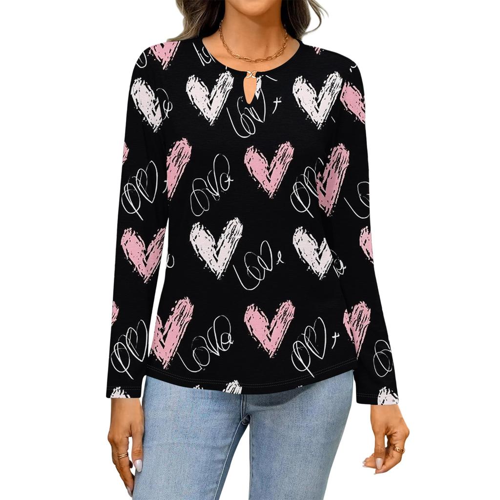Women's Casual Round Neck Hollow,out Pullover Long Sleeve Valentine's Day Heart Print T,shirt Top