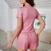 Damski Zestaw Piżamowy Krótki Rękaw Okrągły Dekolt Top Elastyczna Talia Szorty ze Sznurkiem Falbanka Zestaw Wypoczynkowy Letni 2-częściowy Zestaw do Spania