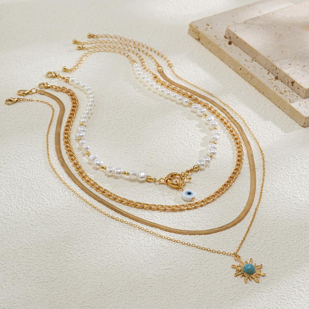 Ethnic Style Pearl Beaded Snake Bone Chain Necklace Retro Sunflower Turquoise Eye Pendant Necklace