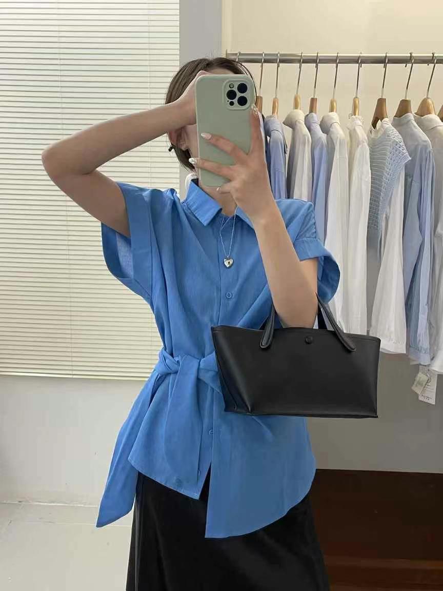 

Korean Design Tie-Waist Short Sleeve Blouse for Women - Summer 2025 Slimming and Age-Reducing Medium синий