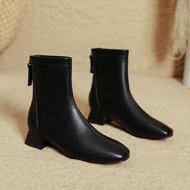 French Small Short Boots Women's Thick Heel 2025 New Autumn and Winter Women's Boots Medium Tube Low Heel Square Head Thin Boots Women's Leather Boots