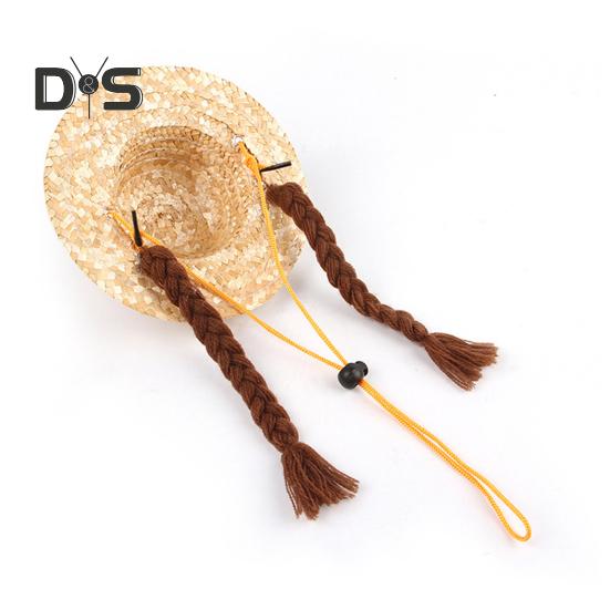 Pet Braided Hat Dog Straw Woven Hat Adjustable Pet Summer Shade Hat with Cute Frog Doll Pet Dress Up Prop Outing Headwear
