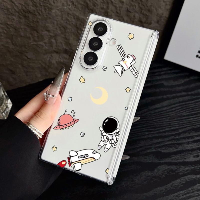 Magnetic Adsorption Phone Case For Samsung Galaxy Z Fold 7 6 5 Fold7 Fold6 Fold5 5G Cute Astronaut Print Clear Shockproof Cover