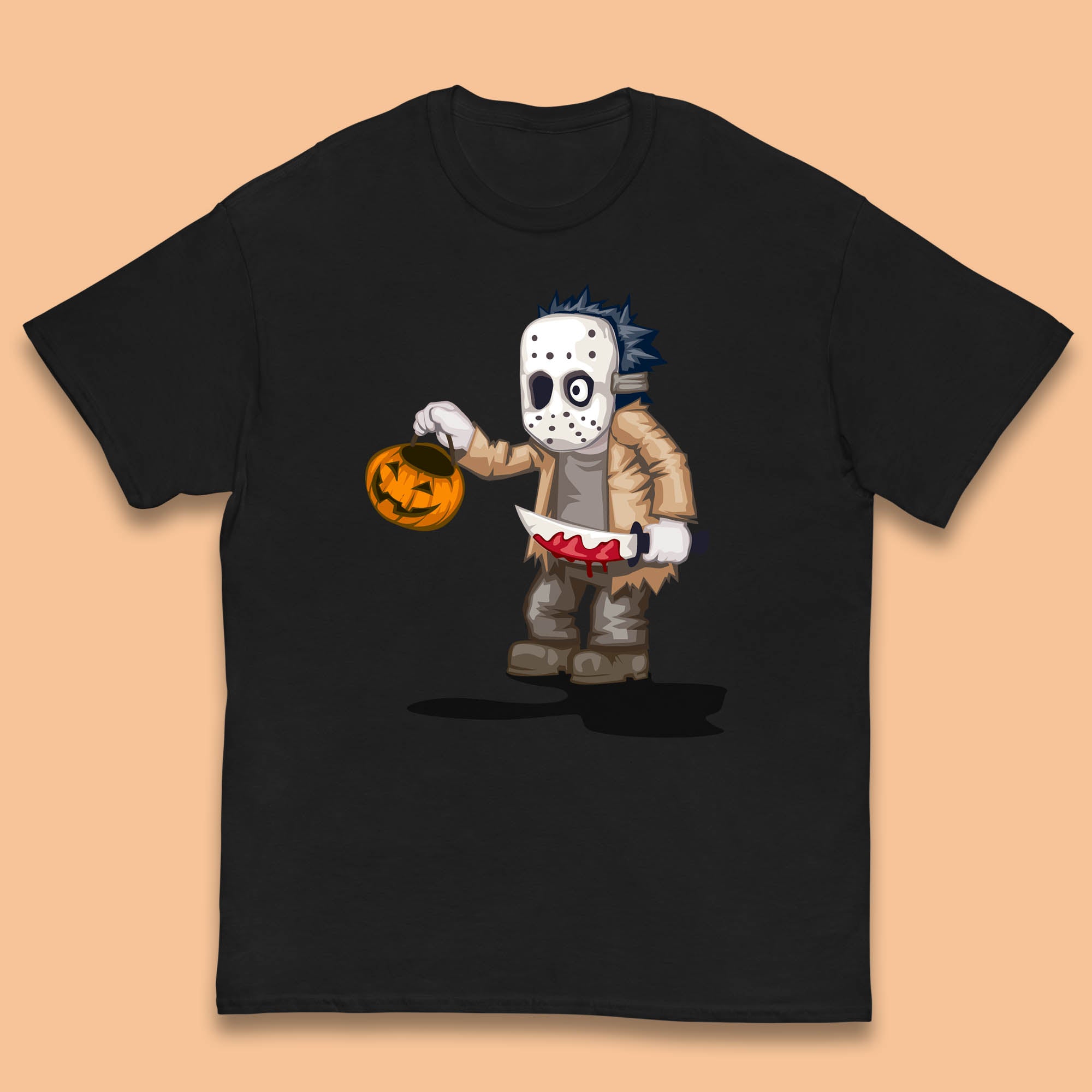 Chibi Jason Voorhees Holding Bloody Knife And Pumpkin Bucket Halloween Friday The 13th Horror Movie Kids T Shirt 150
