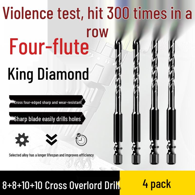 Impact Hex Shank Four-Blade Cross King Drill Bit for Concrete, Tile, and Glass