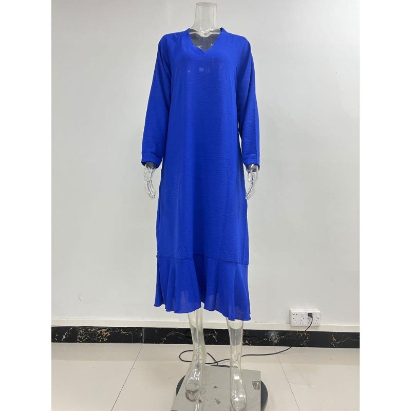 Spring and Autumn Women's Dress Plus Size Solid Colour V-Neck Tie Long Sleeve A-Line Long Dresses