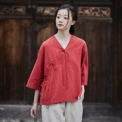 Damen Hemden im chinesischen Stil, Bandage, Leinen, einfarbig, Tops, Herbst, sieben Ärmel, V-Ausschnitt, Vintage-Hemden