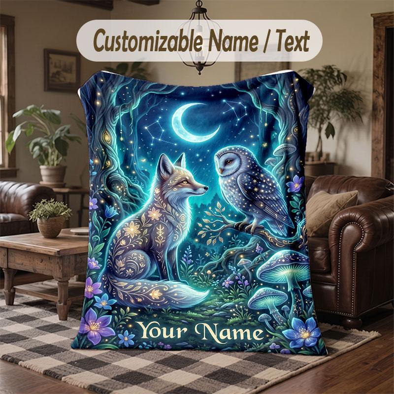 Mushroom Forest Theme Throw Blanket Custom Name Text Personalized Blanket Soft Cozy Blanket for Home Sofa Bed