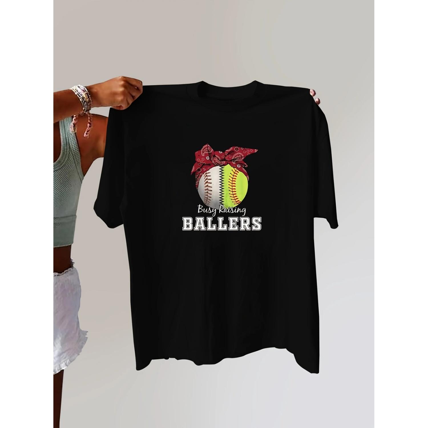 

Women s Casual T-Shirt with Baseball and Bow Print Short Sleeve Round Neck Machine Washable Summer Fashion S
