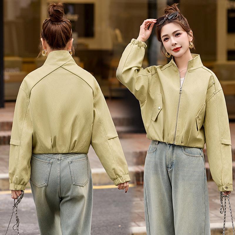 Women's Fashionable PU Leather Stand Collar Jacket, Spring 2025 Collection, Short Style Outerwear