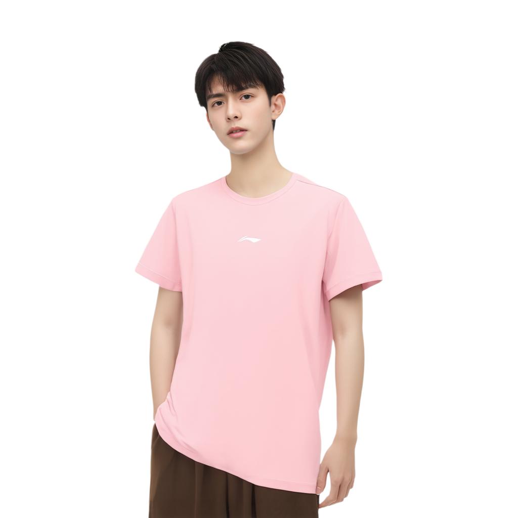 Li Ning Table Tennis Series Solid Color Fitted Brand Logo Minimalist Breathable Short Sleeve T-Shirt Unisex Tops Frosted-Pink ATSV616-1