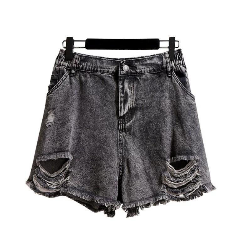 Women's Summer Large Size Design Raw Edge Denim Shorts Loose Washed Wide Leg Shorts