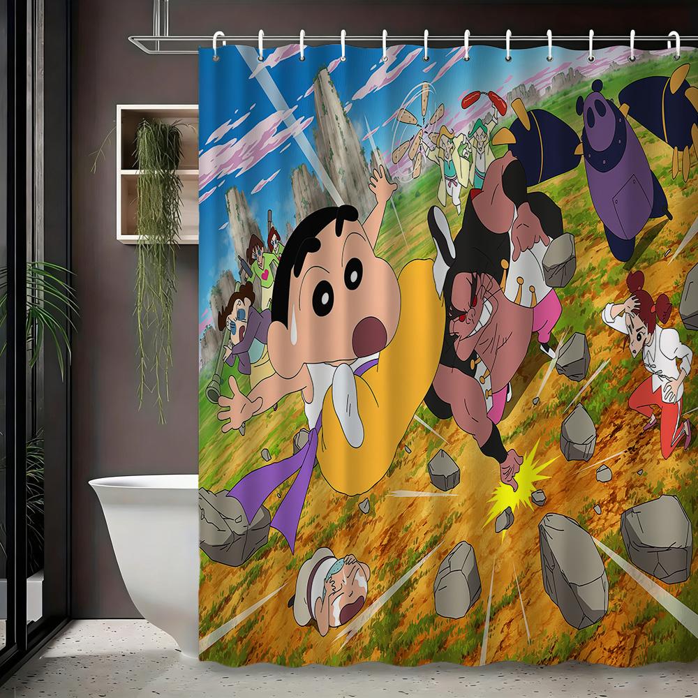 Crayon Shin-Chan & Himawari Superhero Press Conference Scene 2D Print Waterproof Shower Curtain, Blue Cityscape Bathroom Decor W