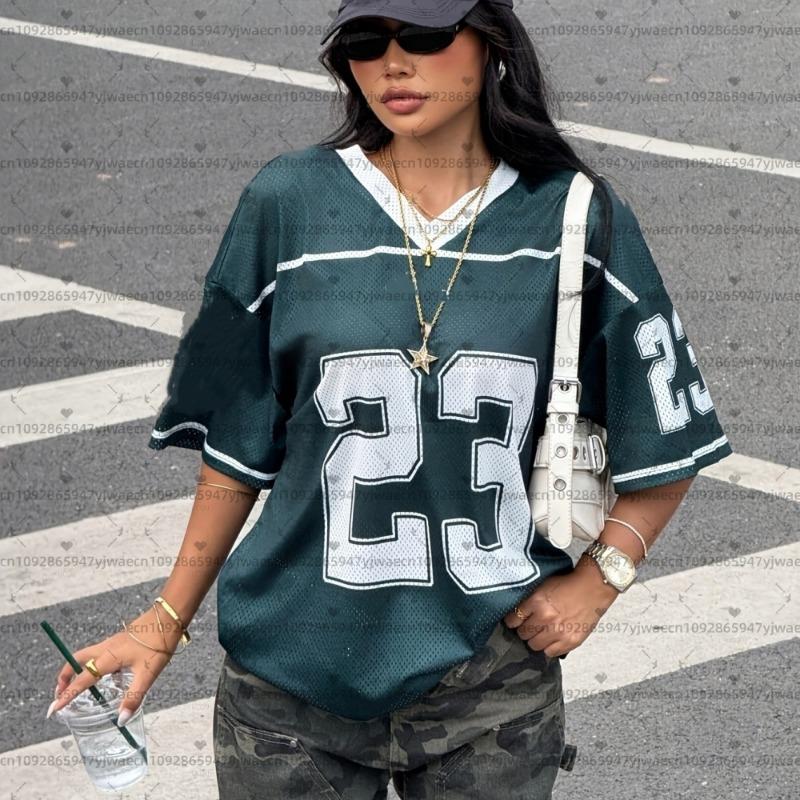

26 Women American Retro 23 Print Lightweight Breathable Mesh fabric V-Neck Short Sleeved baseball T-Shirt Women Jersey T-Shirt 8XL