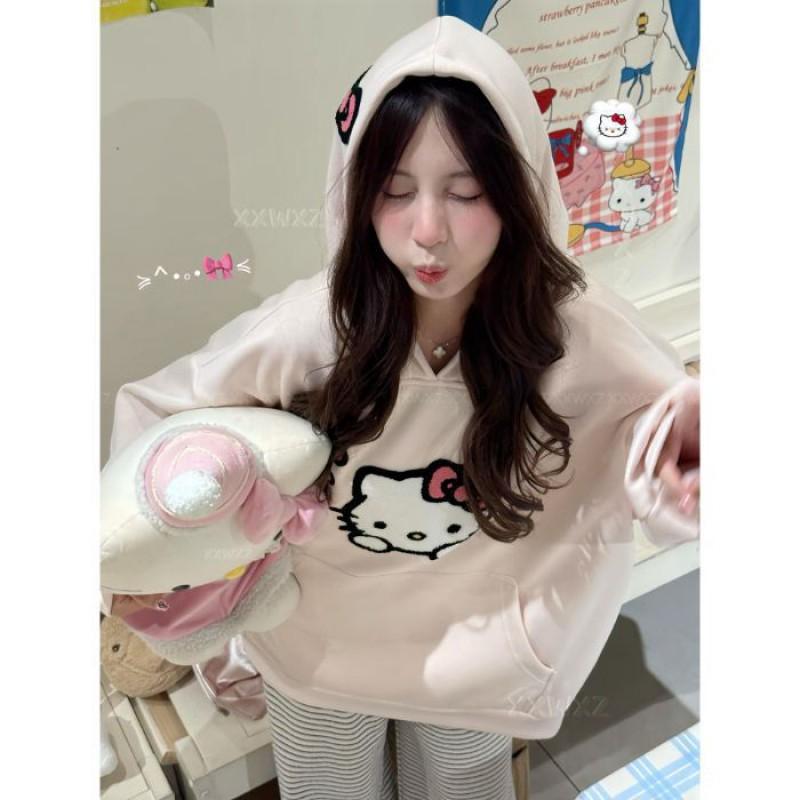 Cotton Hooded Sweatshirt Cartoon Embroidery Casual Top Women