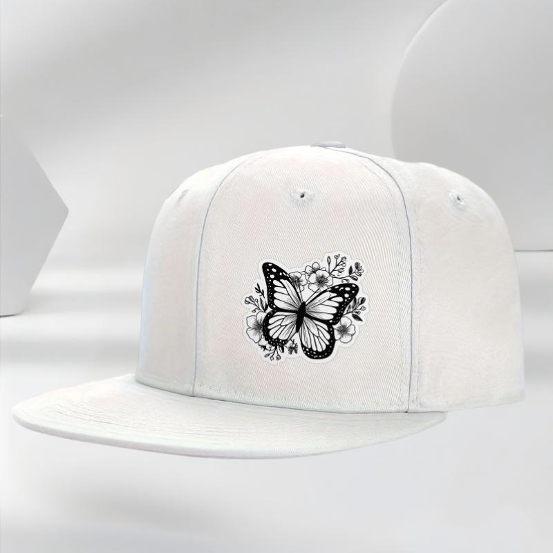 Butterfly Floral Graphic Black Baseball Cap Unisex Polyester Casual Snapback Hat for Men Women